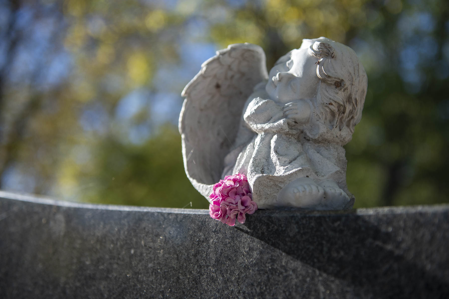 Engelsstatue mit rosa Blume